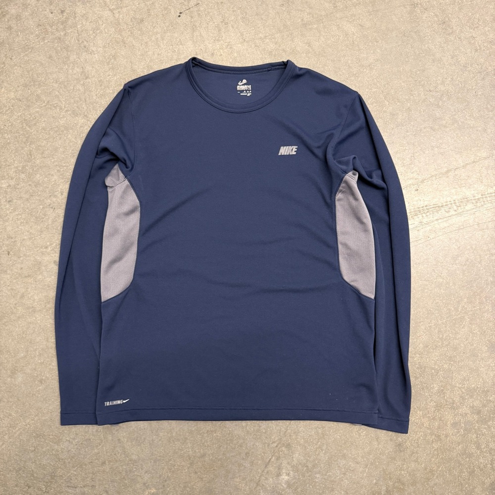 Nike Training Mens Long Sleeve Performance Shirt Navy Blue Grey Mesh Size Medium